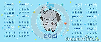 Calendar 2021. Cute elephant with a fountain from the trunk on a blue background. cartoon animal. Vector Vector Illustration